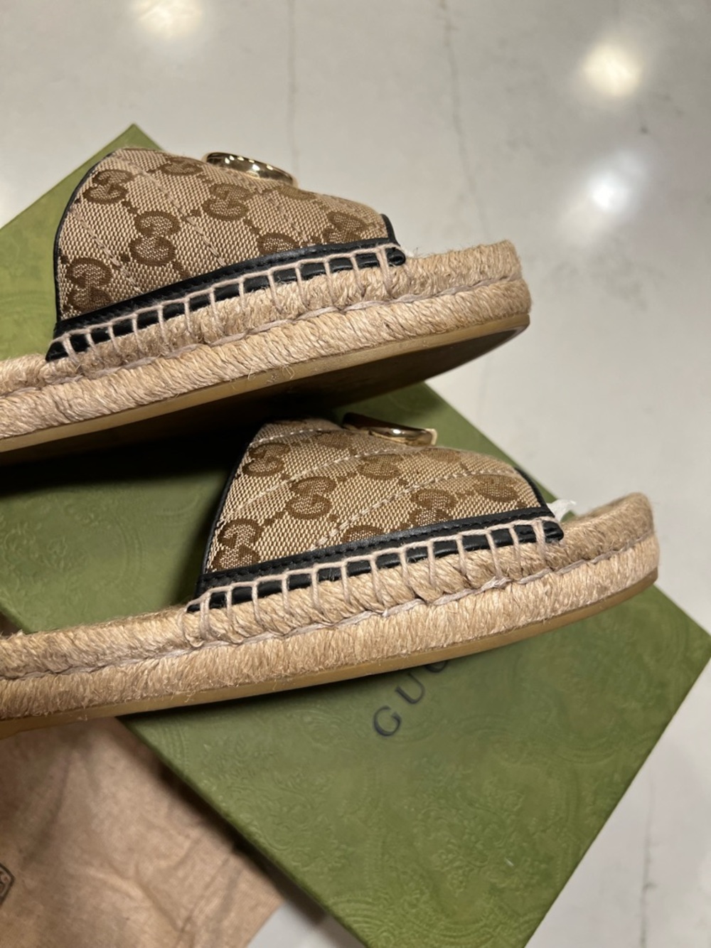 Gucci Brown/Beige GG Canvas Espadrille Slides with Gold Double G - Picture 3 of 16
